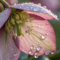 Hellebore flower with dew drops in a soft, delicate background, macro photography photo