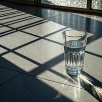 Glass of water illuminated by natural light with shadows creating a geometric pattern photo