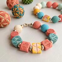 Vibrant handmade polymer clay beaded bracelet with geometric patterns on a light background for creative jewelry concept photo