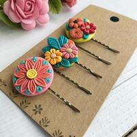 Colorful hairpins with floral designs on a kraft paper display for stylish accessory concept photo