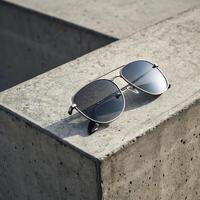 Stylish sunglasses resting on a concrete surface for fashion and sun protection themes photo