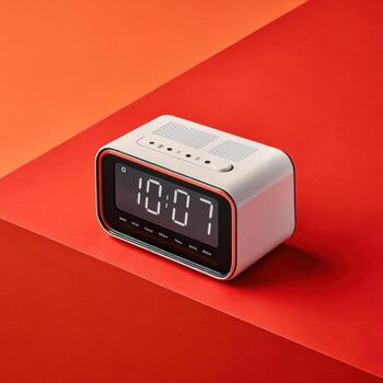 moderno digital alarma reloj en vibrante naranja antecedentes con estructurado estado animico y Copiar espacio foto