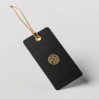 Chic black clothing tag with embossed logo and golden string for modern luxury branding concept photo