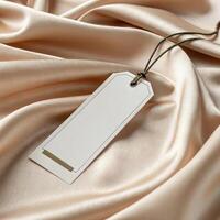 Elegant blank clothing tag on luxurious satin fabric for high-end fashion branding concept photo