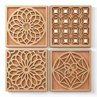 Intricate wooden laser-cut panels with decorative patterns on a white background for modern decor concept photo