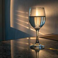 Glass of water reflecting light with warm tones and shadows on a surface photo