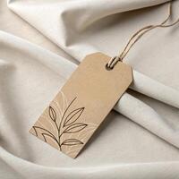 Natural kraft paper tag with minimalist plant design on a light fabric background for eco-friendly branding concept photo