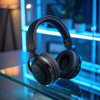 Wireless headphones, relaxed mood, stylishly displayed, modern tech setting photo