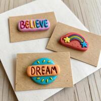Colorful handmade polymer clay badges with motivational words on kraft paper for creative accessory concept photo