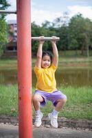 Joyful Asian Young Girl Playing on Horizontal Bar in Park, Enjoying Outdoor Exercise, Developing Strength and Coordination, Bright Sunny Day, Smiling and Having Fun photo