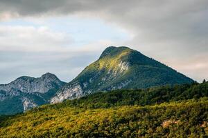 the mountains are covered with green trees and grass photo
