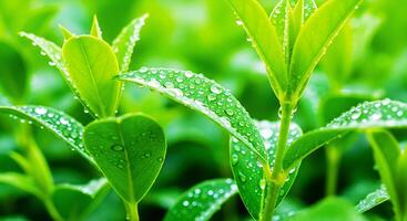 Fresh Green Leaves with Dew and Water Droplets - A Closeup of Nature Background with Soft Bokeh for a Refreshing and Serene Atmosphere photo