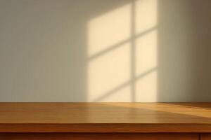 Minimal Wooden Table with Window Light Shadows on Wall - Natural Morning Interior Scene photo