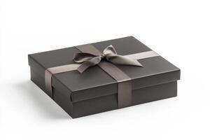 Elegant charcoal gift box with satin ribbon bow on white background photo