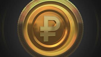 LUXURIOUS 3D GOLDEN RUBLE SIGN SPINS SEAMLESSLY ON A DARK BACKDROP IDEAL FOR BANKING PROMOTIONS INVESTMENT VIDEOS AND ECONOMIC PRESENTATIONS ANIMATION LOOP ABSTRACT BACKGROUND