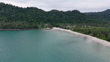 A stunning view of a quiet tropical beach surrounded by untouched forest and mountain slopes. video