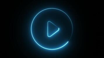 Illuminated blue neon play button inside a circular frame on a dark background. video