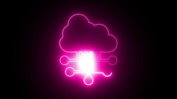 A bright pink neon cloud icon representing data and digital networking against a black background. video