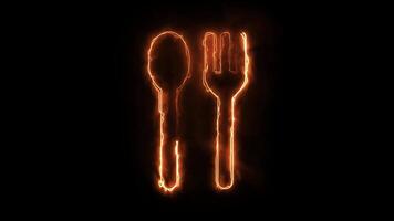 Glowing orange outline of a spoon and fork on a dark backdrop, a dining symbol. video
