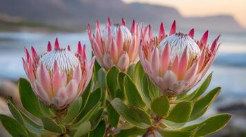 Stunning Close-Up of Protea Flowers with Vibrant Petals Against a Coastal Background at Sunset photo