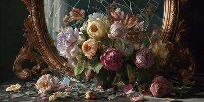 Vibrant Flower Bouquet Amidst Shattered Mirror Glass and Petals in Elegant Setting photo