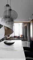 Shift focus of 4K Vertical animation Modern Luxury Duplex Apartment Interior with Minimalist Design and Open Space video