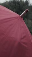 Red Umbrella Spinning Fast On A Cloudy Day On A Meadow In Nature Outside video