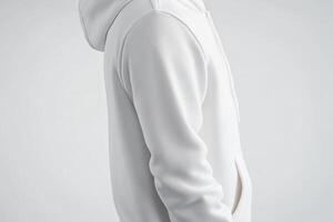 A man in a white hoodie standing with his hands on his hips photo