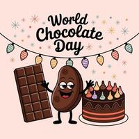 World chocolate day with cartoon chocolate bar, bean, and cake vector