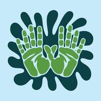 Two hands making a peace sign with a groovy retro background vector