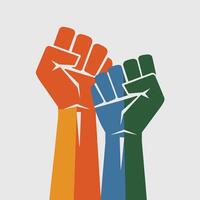 Raised fists in orange, blue, and green symbolizing unity and power vector