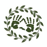 Green handprints in a leaf wreath isolated on white background vector