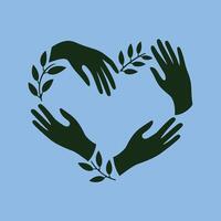 Hands forming a heart shape with olive branches on a blue background vector