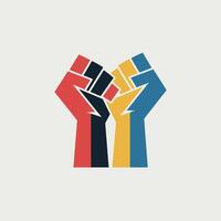 Raised fists in red, black, yellow, and blue colors on white vector