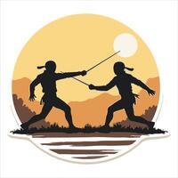 An illustration of a fencing sport with a flat-style cartoon background showing two fencers engaged in combat on the piste vector