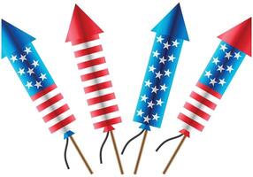 Firework rockets with the Stars and Stripes pattern, independence, memorial or US holiday graphic element isolated on a white background vector