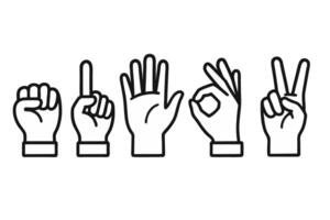 Minimalist Hand Gesture Style Icons Set in Line Art Style, Fist, One, Open Palm, OK, Peace vector