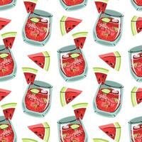 Watermelon cocktail flat seamless pattern. Background with Summer drink with ice cubes and fresh watermelon slices. Bar menu, party decor, beverage packaging, tropical design. vector