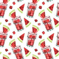Watermelon Cocktail Seamless Pattern with Ice Cubes and Fruit Pieces in Flat Design for Summer Graphics Beverage Branding Backgrounds and Food Themed Projects vector