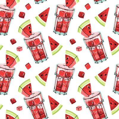 Watermelon Cocktail Seamless Pattern with Ice Cubes and Fruit Pieces in Flat Design for Summer Graphics Beverage Branding Backgrounds and Food Themed Projects