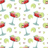 Watermelon Cocktail Seamless Pattern with Lime Slice and Crushed Ice in Flat Design for Summer Graphics Beverage Packaging Backgrounds vector