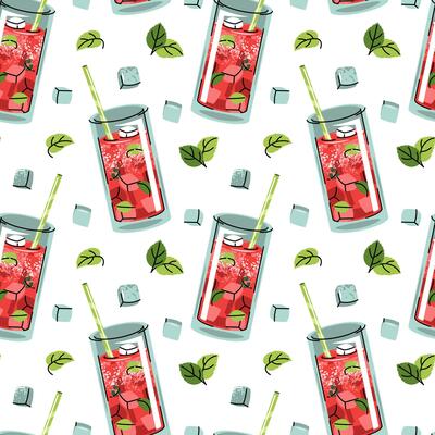Summer Drink Seamless Pattern. Watermelon Cocktail with Ice and Mint in flat style. Perfect for Bar Branding, Drink Menus, Party Decor, Summer Packaging