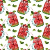 Watermelon Cocktail Seamless Pattern in Jar Glass with Ice Cubes and Mint Leaves in Flat Design. Perfect for Summer Graphics Beverage Branding Social Media vector