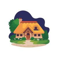 Charming thatched roof cottage in a garden setting vector
