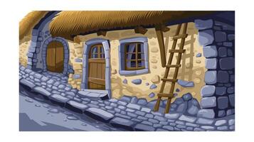 Stone cottage with thatched roof and ladder vector
