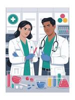 Diverse medical researchers collaborating in a modern lab setting vector