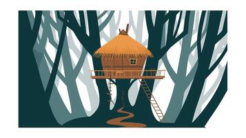 Charming thatched treehouse in a misty forest vector