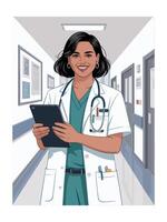 Smiling female doctor in hospital corridor using tablet vector