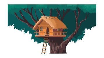 Charming wooden treehouse with thatched roof vector