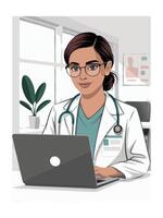 Female doctor using laptop in modern office setting vector